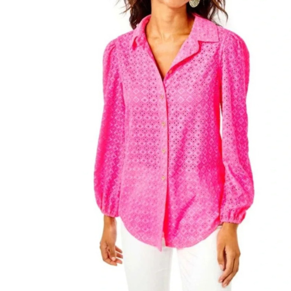 NWT Lilly Pulitzer Sea Breeze Eyelet Pink Button Down XL